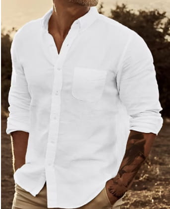 Men’s slim fit long sleeve white cotton button down shirt with a chest pocket and rolled up sleeves.