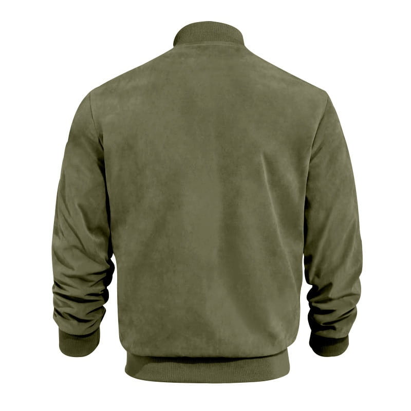 Men suede casual retro jacket in olive green suede with ribbed cuffs and waistband shown from the back side