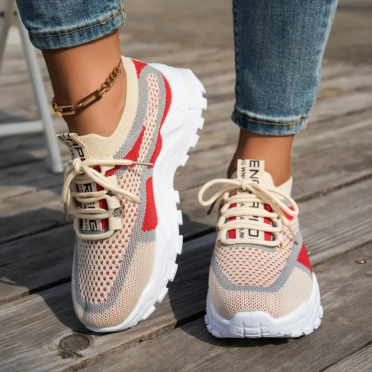 Women’s Breathable Flyknit Mesh Lace-up Walking Sneakers