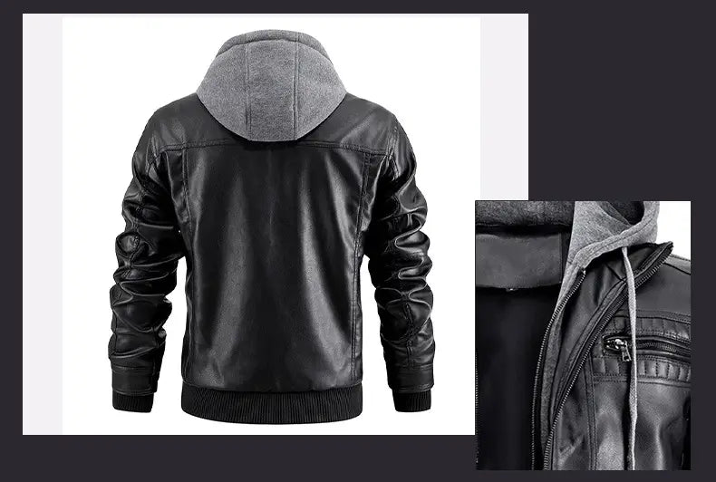 Veste en similicuir PU à capuche pour homme noire avec capuche doublée en polaire grise et poignets côtelés, présentée de face.