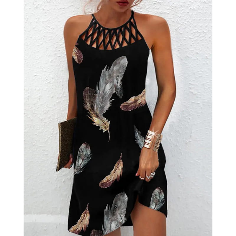Black halter neck midi dress with a lace up neckline and feather print featuring an asymmetrical hem.