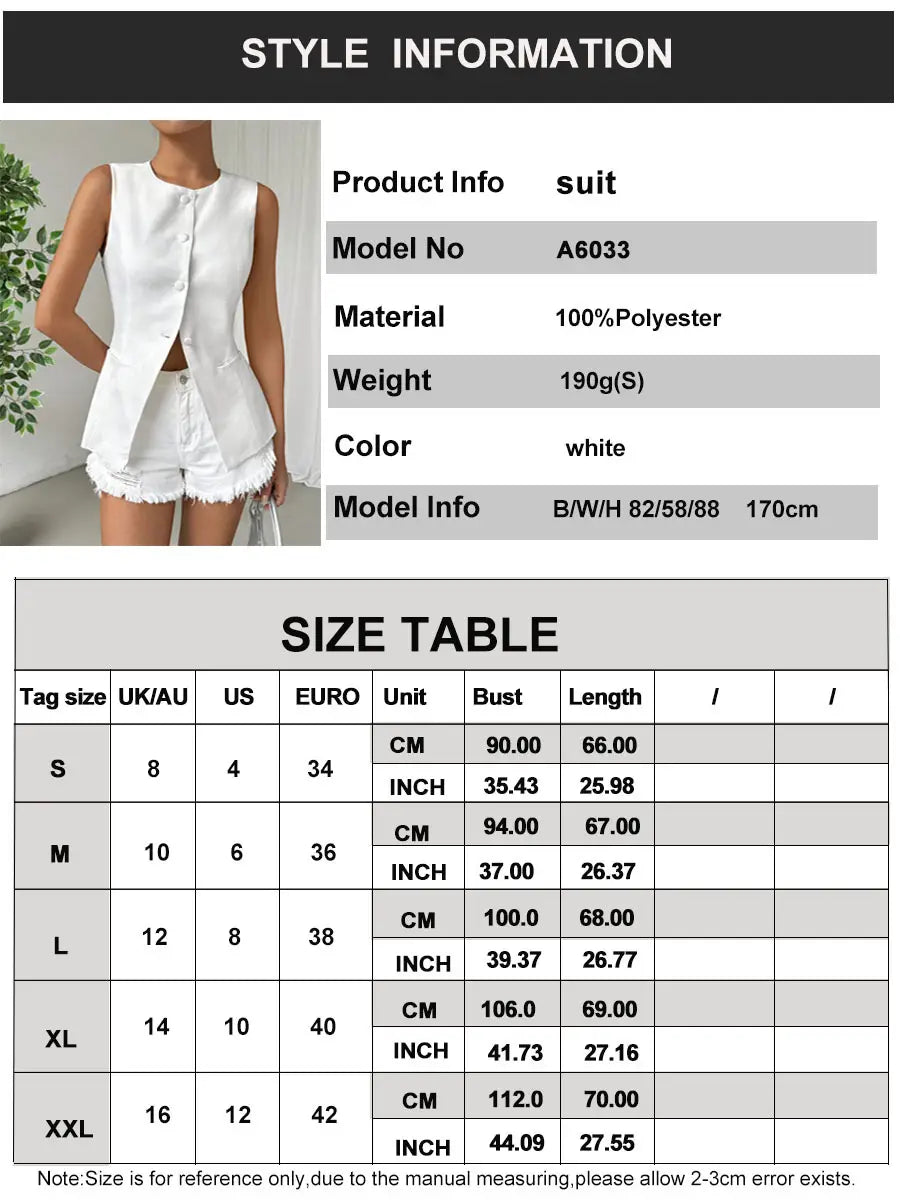 Veste sans manches à volants peplum blanche, haut boutonné, en polyester blanc, avec ourlet effiloché.