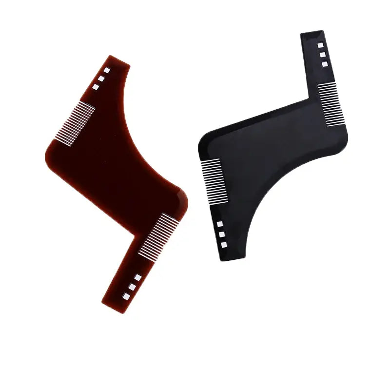 Ein elegantes, ergonomisches Bartformungswerkzeug und ein Kamm in kräftigem Burgunderrot und mattem Schwarz mit feinen Zähnen und kleinen rechteckigen Vertiefungen für einen präzisen Schnitt und eine genaue Pflege.