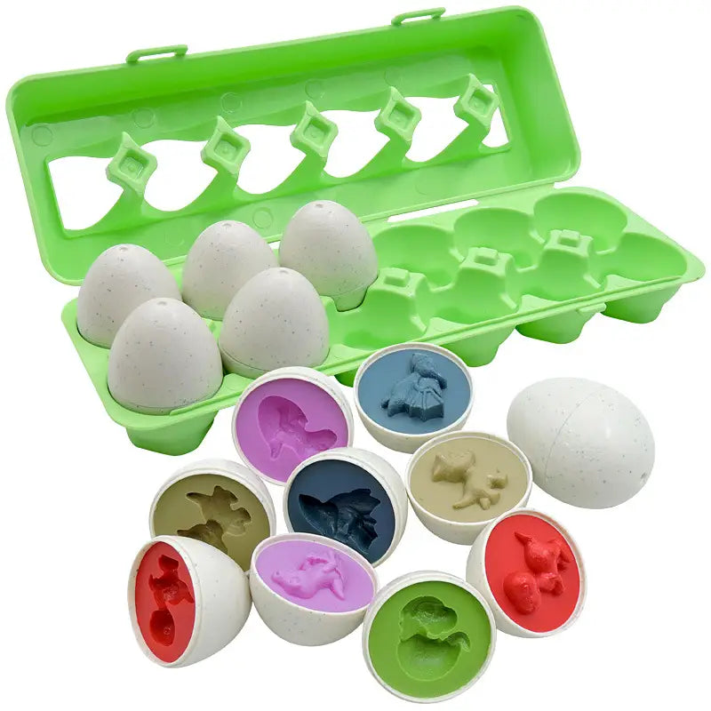 green plastic egg carton holding white speckled eggs with colorful silicone inserts revealing animal figurines for montessori matching egg toy shape and color sorter set