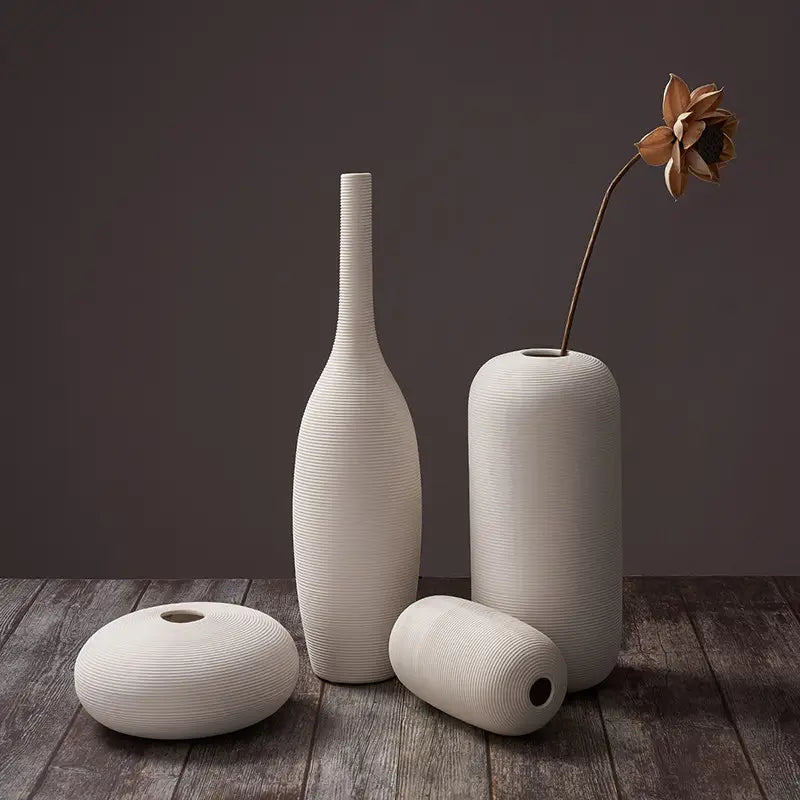 white ceramic vases with textured ribbed surfaces in varying shapes and sizes for nordic white ribbed ceramic vase modern home decor.