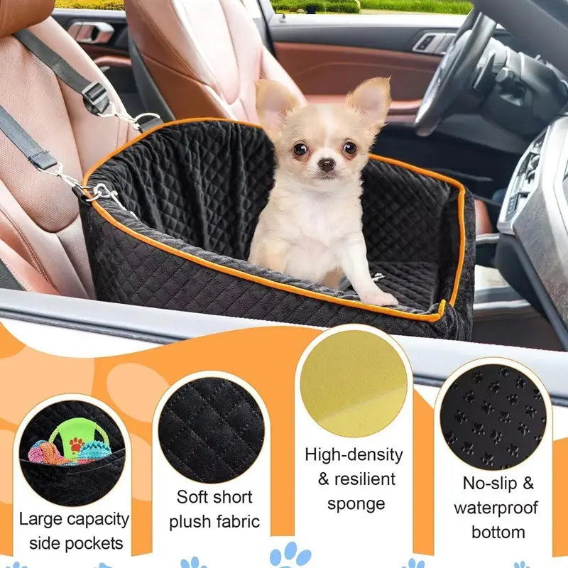 Black quilted plush elevated pet car seat with orange trim and high-density sponge base designed as a memory sponge dog sofa.