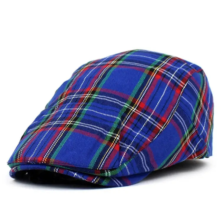Plaid painter hat navy blue flat cap with blue plaid pattern featuring red green and white stripes.