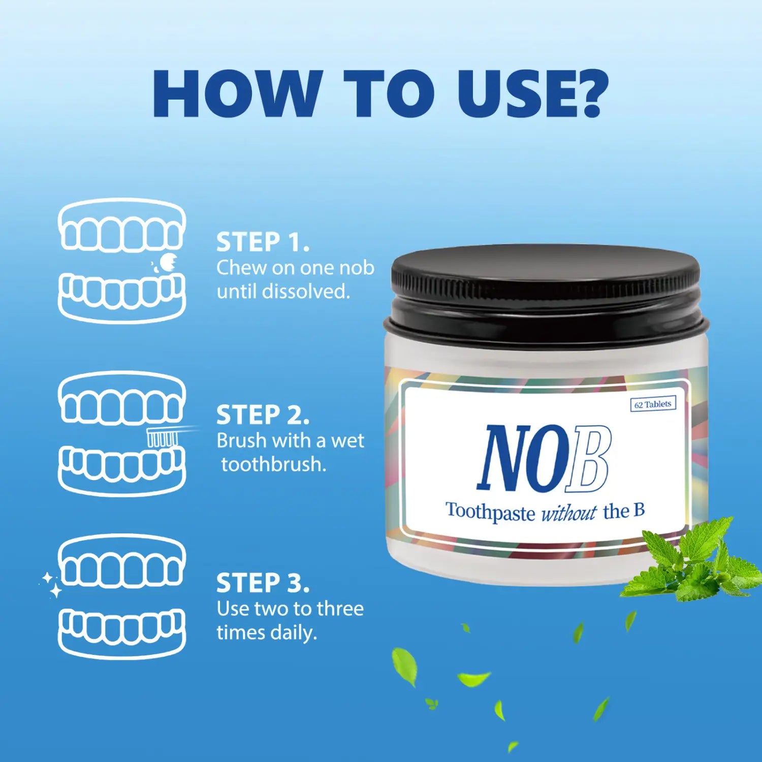 White jar with black lid and colorful label featuring the brand name nob containing 62 solid toothpaste tablets as a portable breath mint product