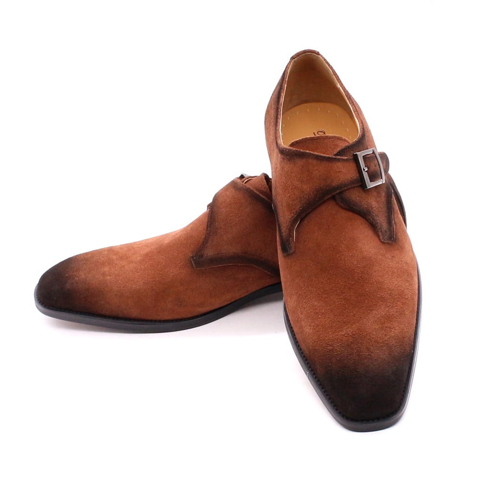 Handmade brown suede monk strap shoes with dark brown toe cap and silver buckle for men’s business casual wear.