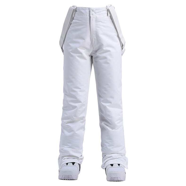 Men waterproof thermal snow pants in white with gray zipper accents and adjustable cuffs designed for winter sports.