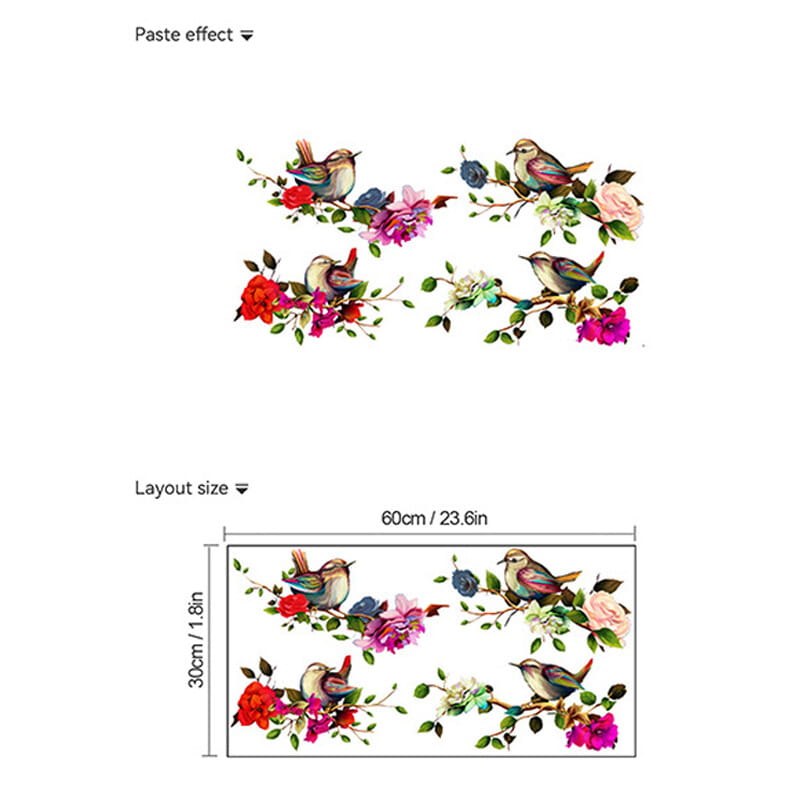 autocollant mural de fleurs et de pies, présentant un style d’illustration florale vintage colorée, décor mural décalcomanie.