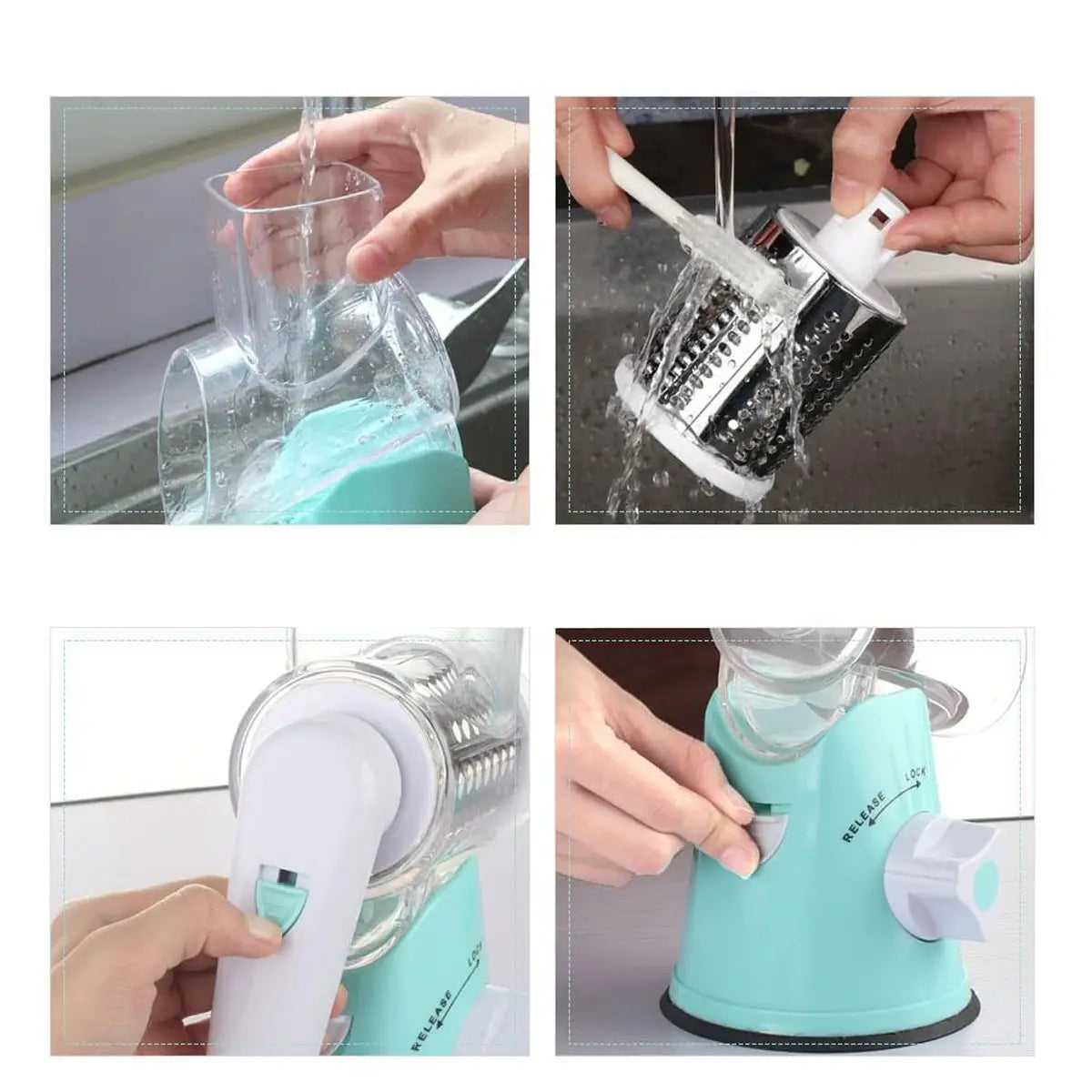 Cortadora de verduras tipo mandolina multifuncional de plástico color turquesa y acero inoxidable y rallador manual de alimentos con contenedor transparente de recolección.