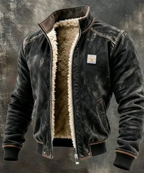 Veste en cuir matelassée doublée en shearling pour homme, en denim foncé délavé, avec doublure en shearling beige moelleuse et patche du logo Carhartt sur la poitrine.