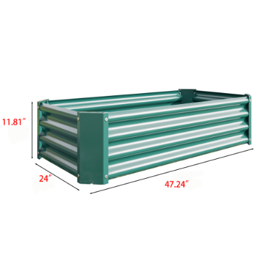 Lecho elevado de jardín de metal corrugado verde, con dimensiones indicadas, diseñado como una maceta plateada galvanizada de 4x2x1 pies.
