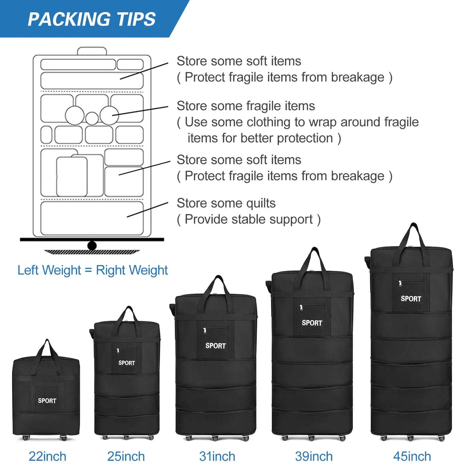 Black foldable rolling garment bags with reinforced handles and wheels for the 42 inch expandable lightweight travel suitcase