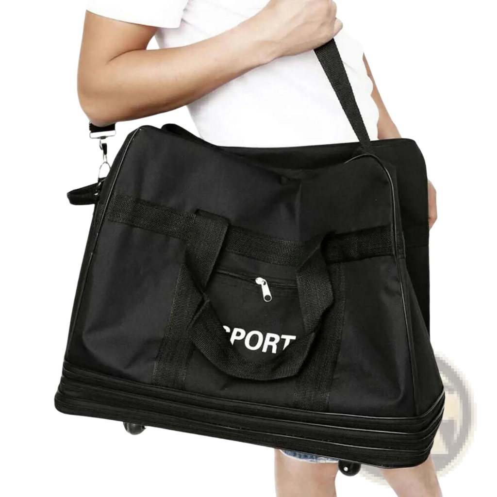 Black 42 inch expandable lightweight rolling travel duffel bag with reinforced straps and sport front pocket