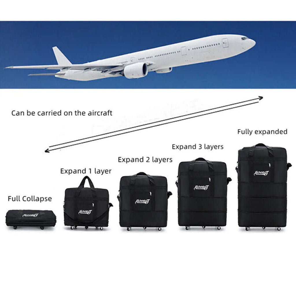 Black expandable lightweight 42 inch rolling travel suitcase with multiple layers and smooth wheels for easy transport