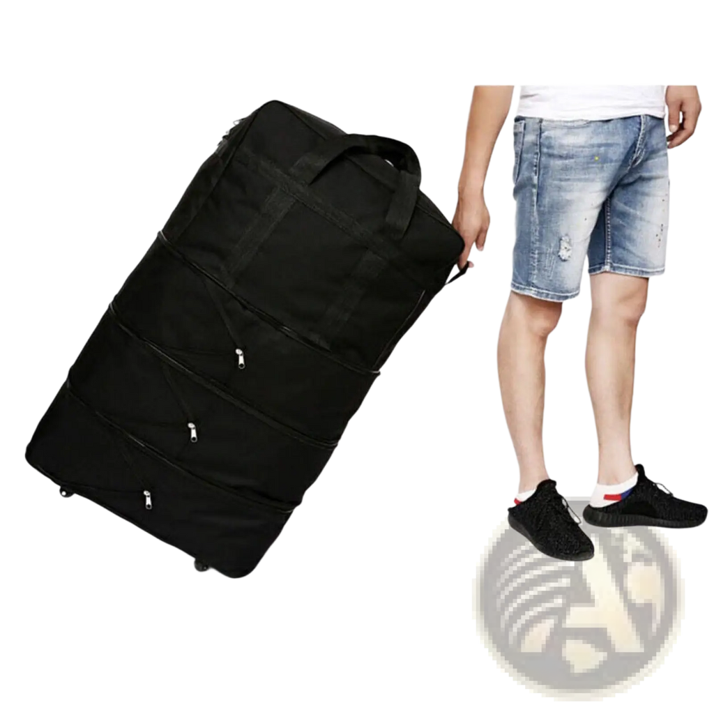 Black expandable lightweight 42 inch rolling travel suitcase with multiple sections zippers and wheels viewed from back side