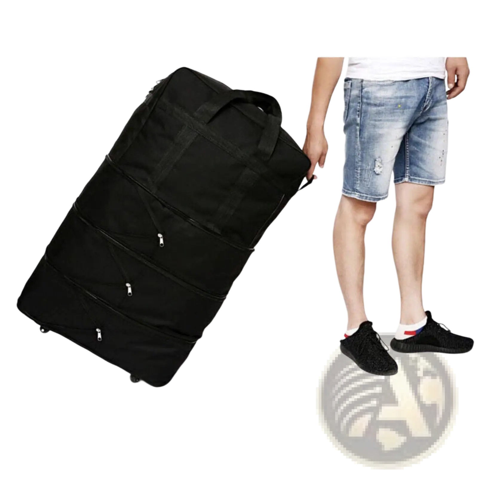 Black expandable lightweight 42 inch rolling travel suitcase with multiple sections zippers and wheels viewed from back side