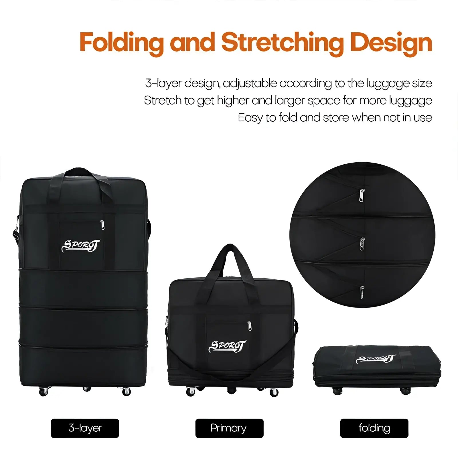 Black sportj 3-layer folding and stretching luggage cover for 42 inch expandable lightweight rolling travel suitcase with wheels