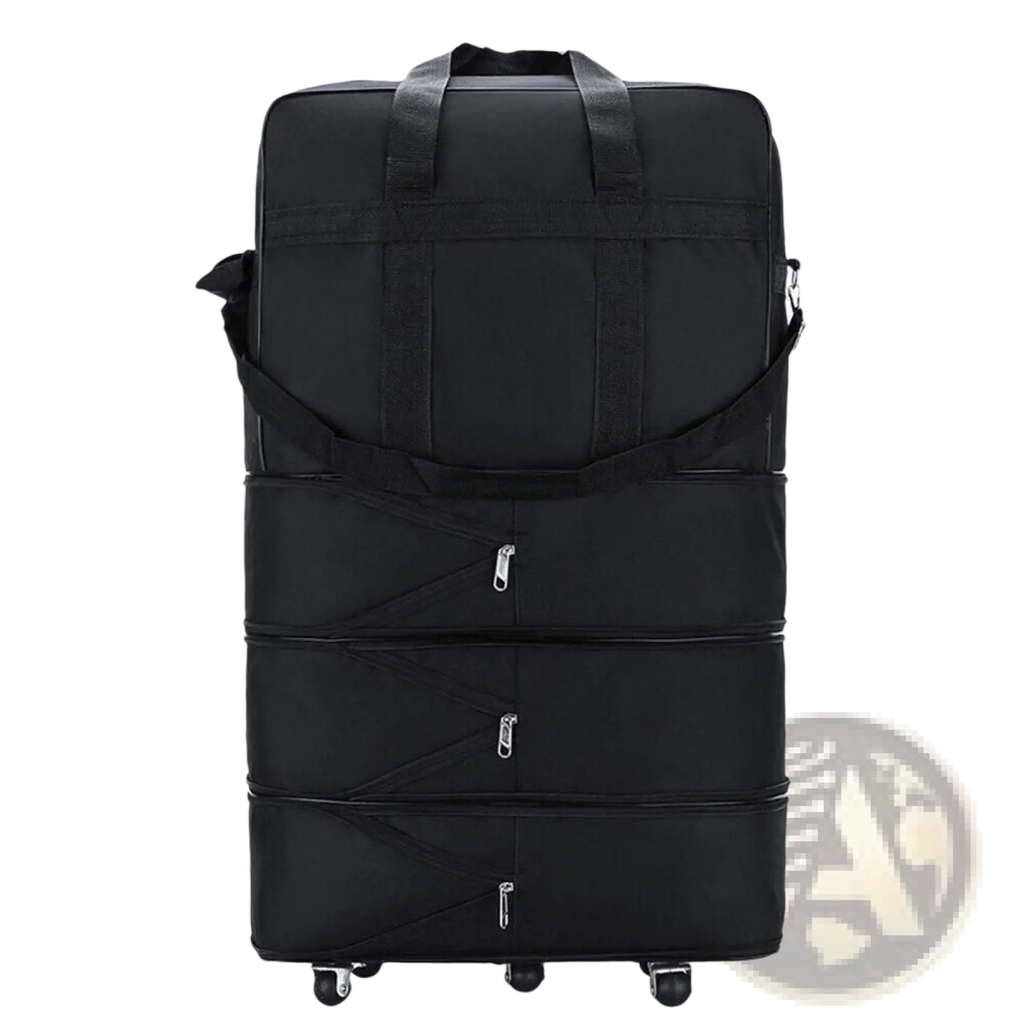 Black four-section foldable 42 inch expandable lightweight rolling travel suitcase with wheels and top handle