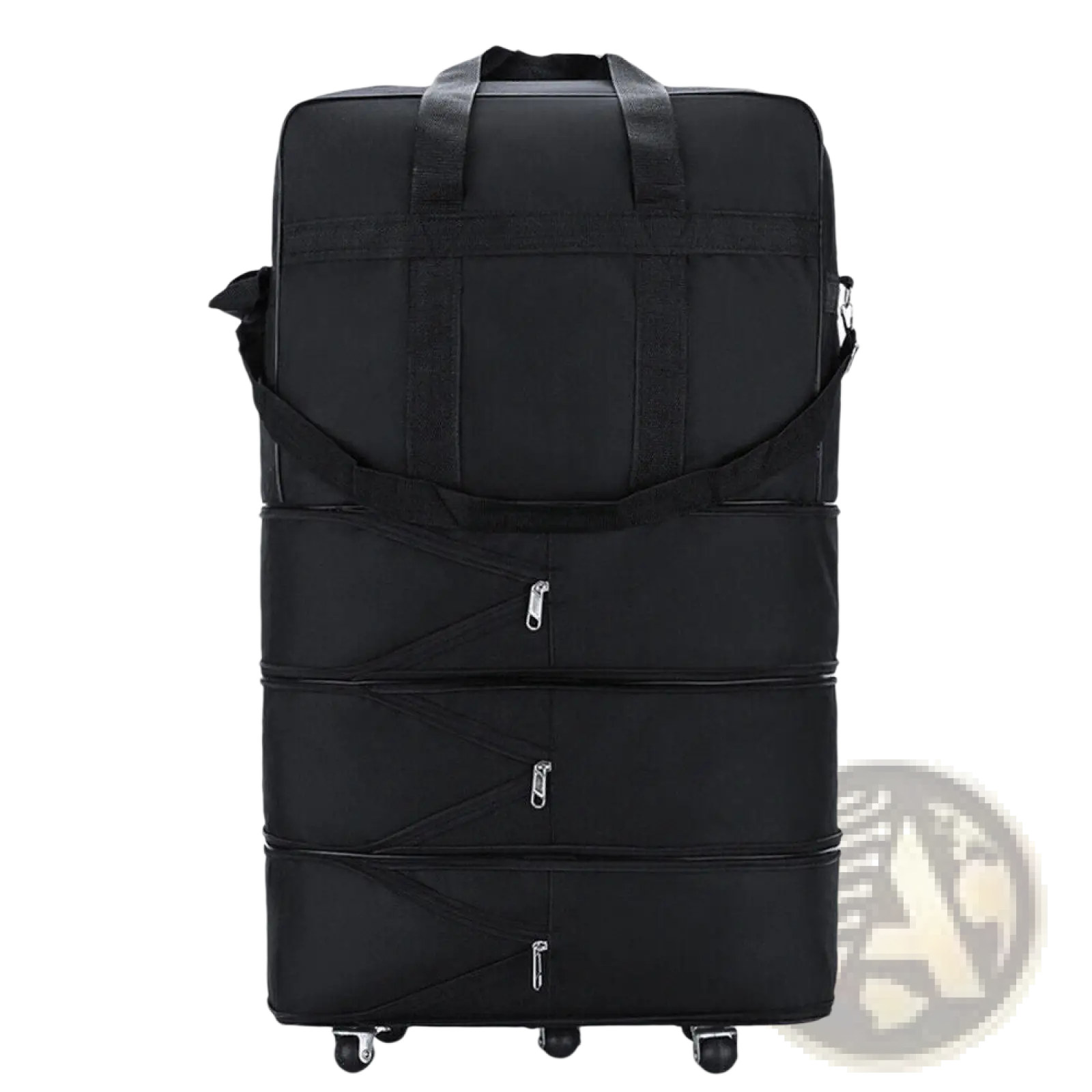 Black four-section foldable 42 inch expandable lightweight rolling travel suitcase with wheels and top handle