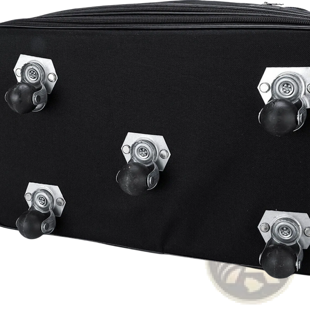 Black fabric 42 inch expandable lightweight rolling travel suitcase with four silver-toned hexagonal metal casters and black rubber wheels