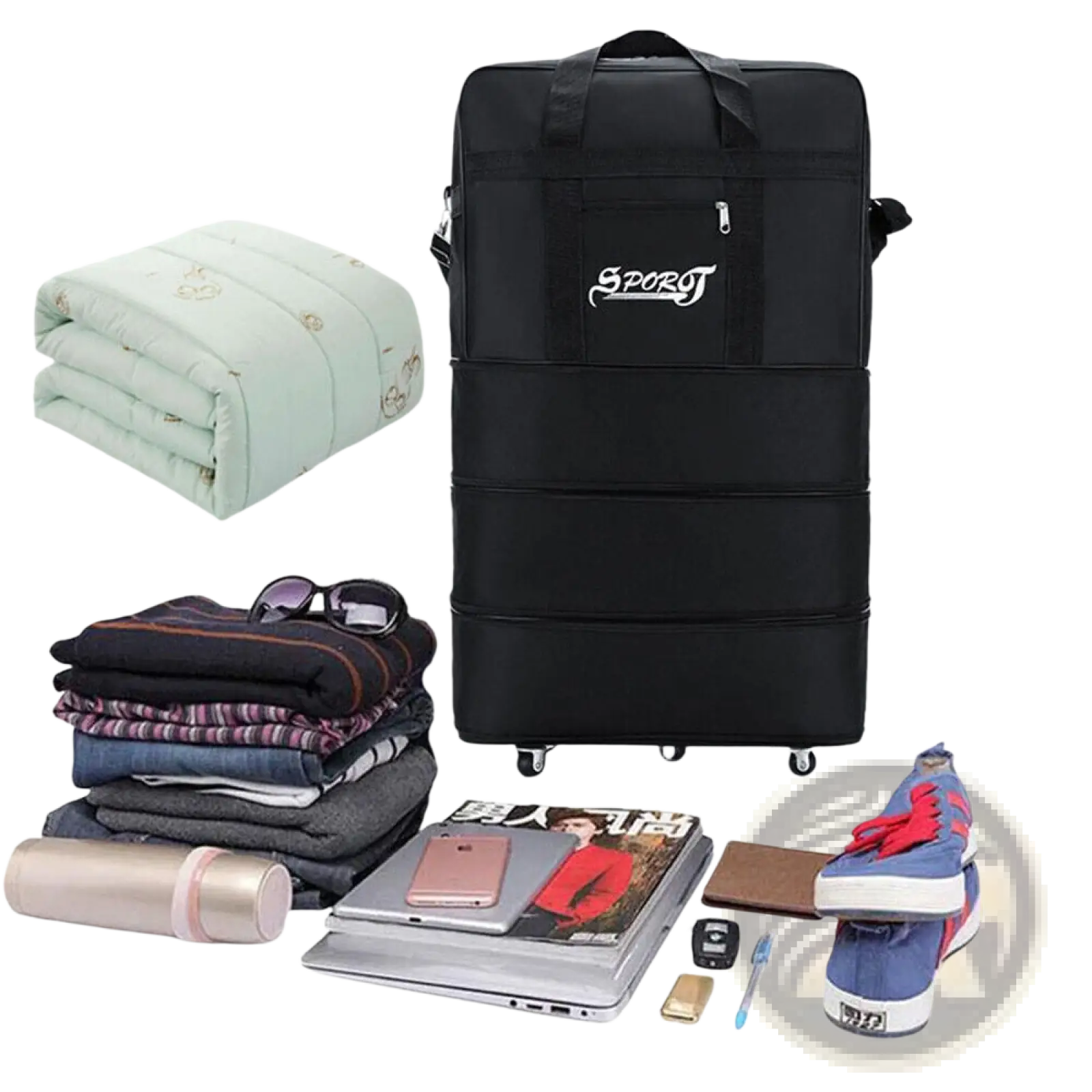 Black sport logo rolling suitcase with multiple compartments 42 inch expandable lightweight travel luggage