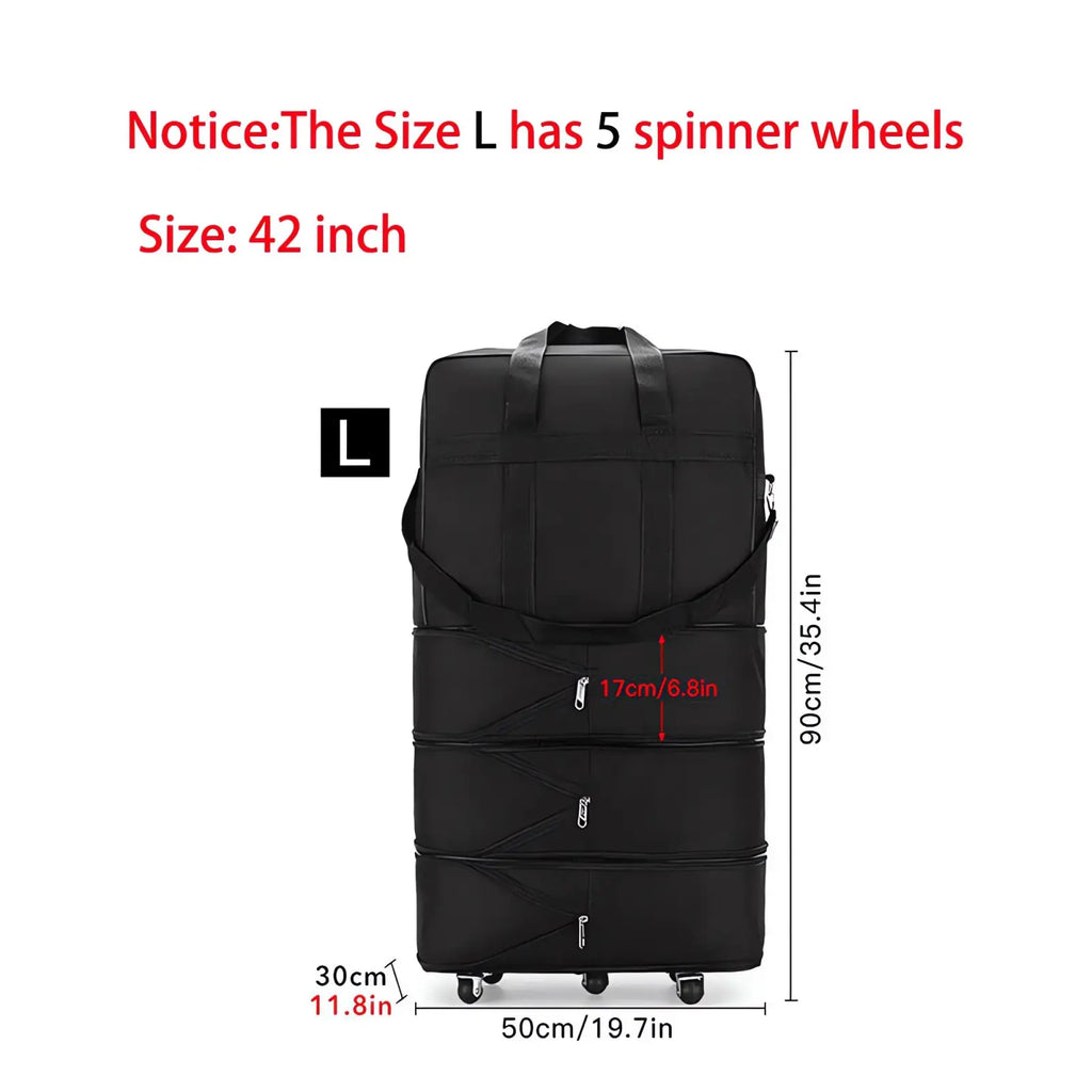 Black foldable 42 inch expandable lightweight rolling travel suitcase with five spinner wheels and sturdy handle