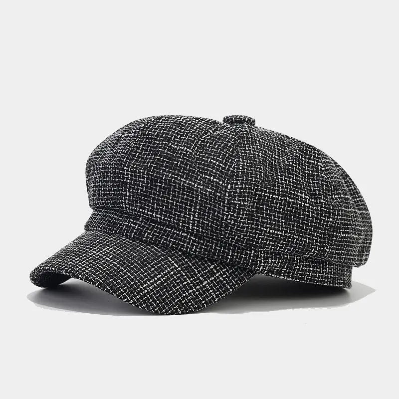 black and white tweed eight-panel British style octagonal cap for women with a structured brim