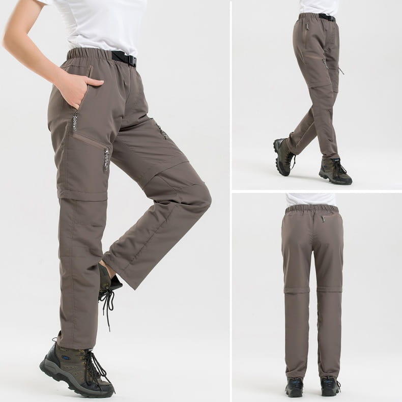 Gray convertible tactical hiking pants made of durable fabric featuring multiple cargo pockets and a drawstring waistband.