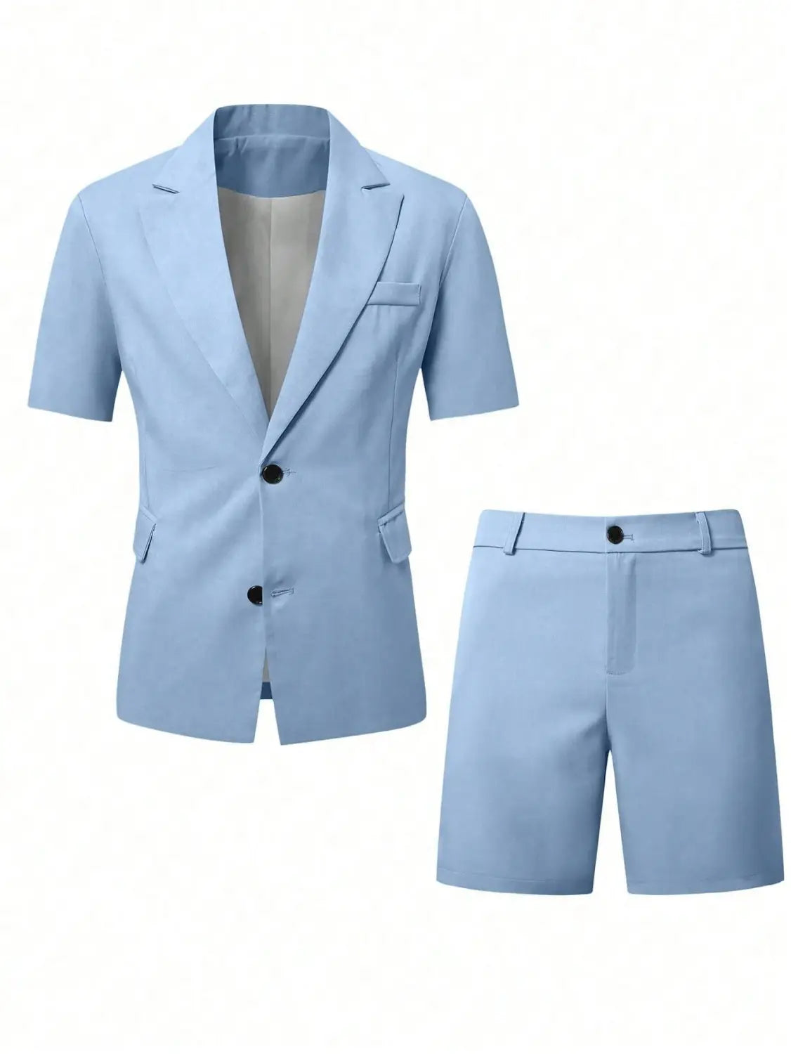 Light blue short sleeve suit and shorts set featuring a tailored blazer and matching shorts ideal for professional and casual wear.
