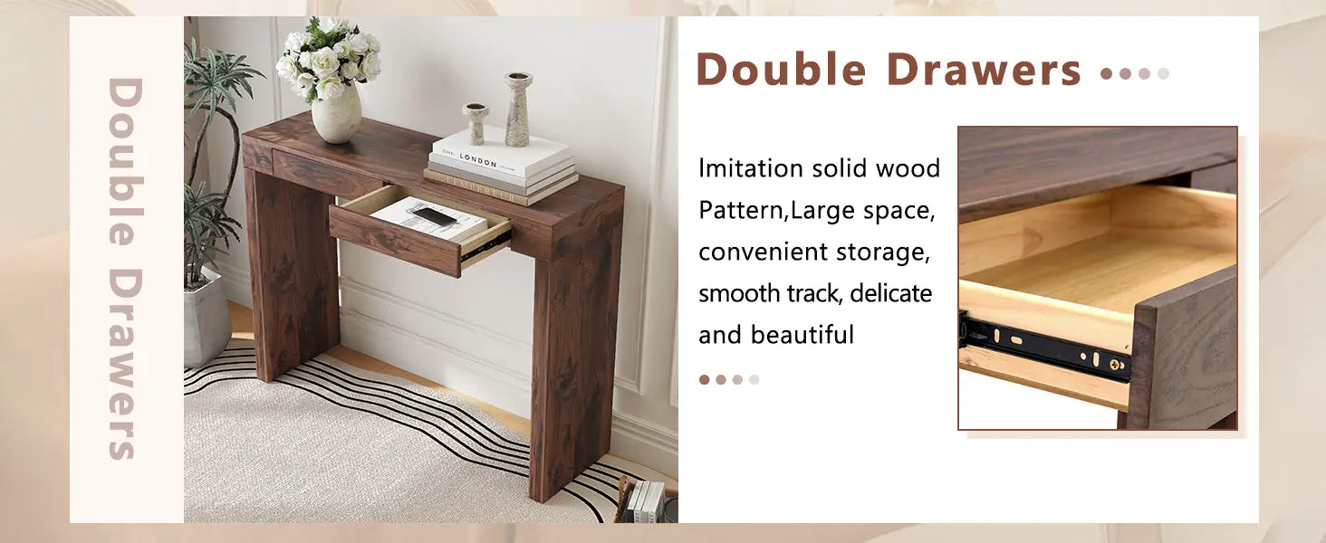 Dark brown imitation solid wood walnut wood bar table with double drawers and a smooth elegant design measuring 50 inch.
