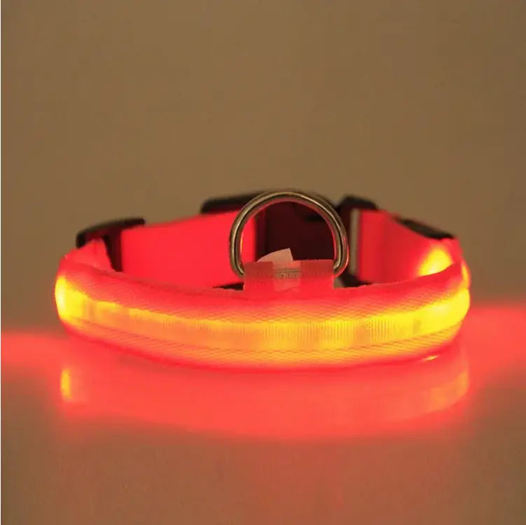 led dog collar reflective light up safety halo belt in red and yellow with led lights and metal d-ring buckle for enhanced visibility and secure fastening.