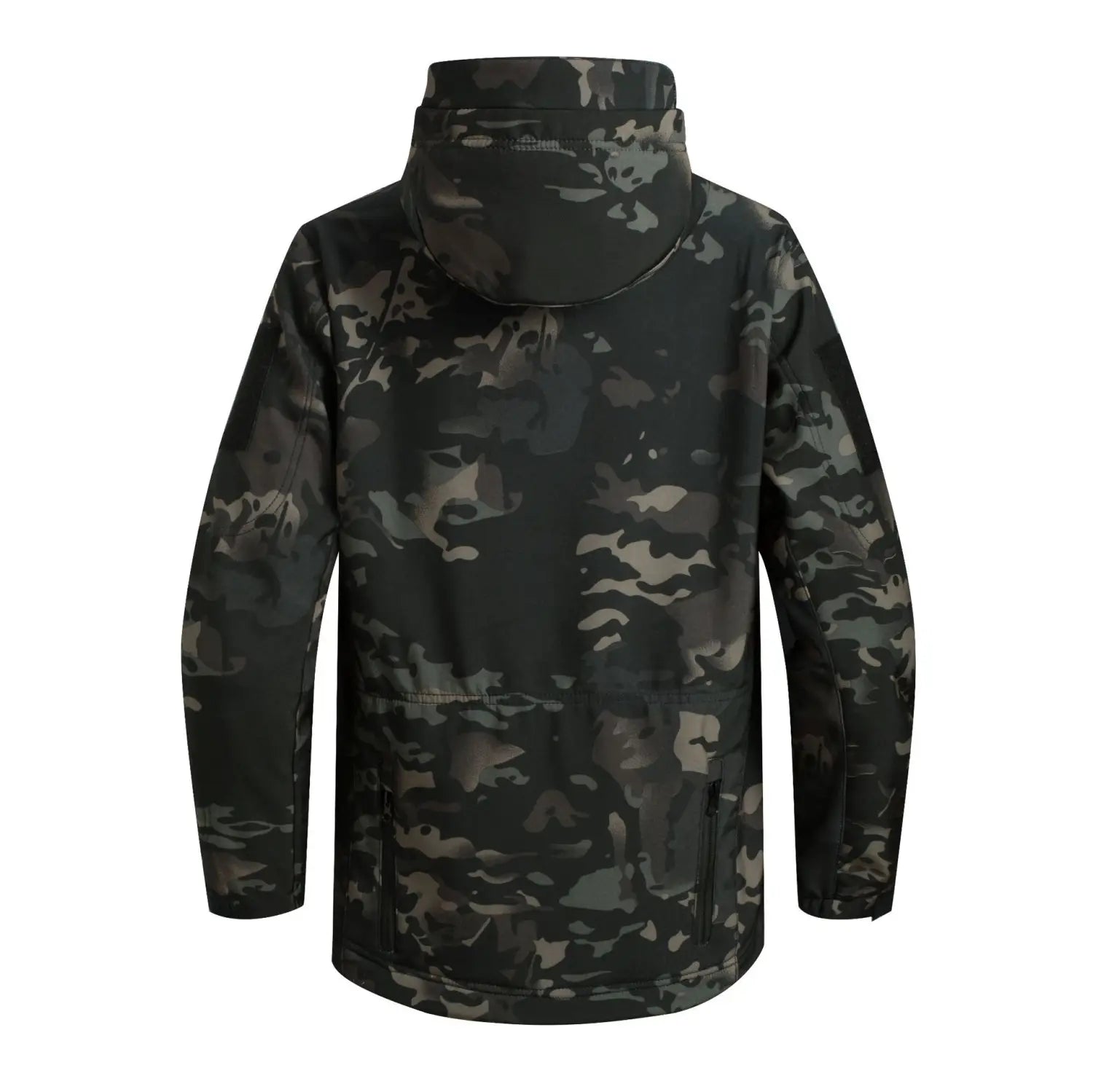 Veste tactique softshell à capuche noire et grise à motif camouflage, conçue dans un matériau imperméable.