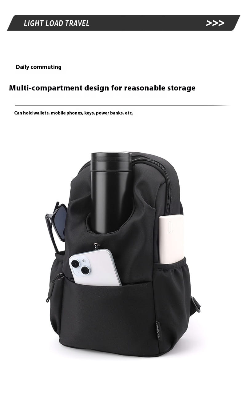Schwarzer Nylon-Rucksack mit mehreren Fächern und vorderer Reißverschluss-Tasche, ausgelegt für den täglichen Pendelverkehr im Stil einer wasserdichten Herren-Oxford-Gewebe-Minimalist-Crossbody-Brusttasche.