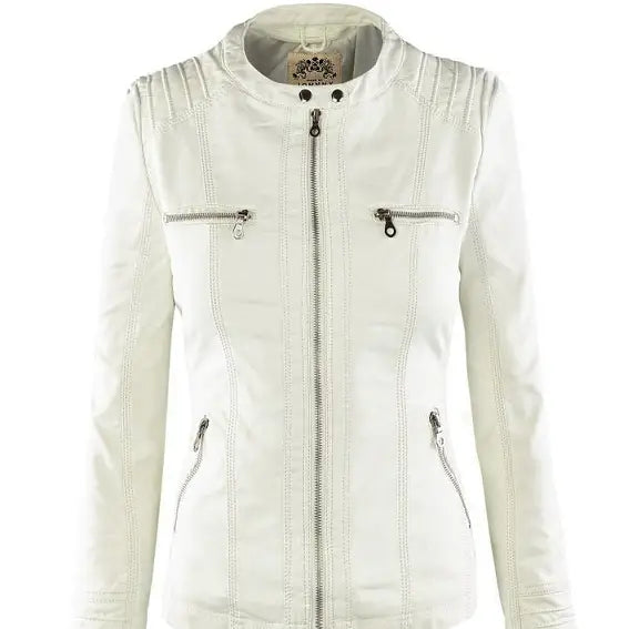 White faux leather moto jacket with detachable hood featuring silver zippers and stitched detailing.