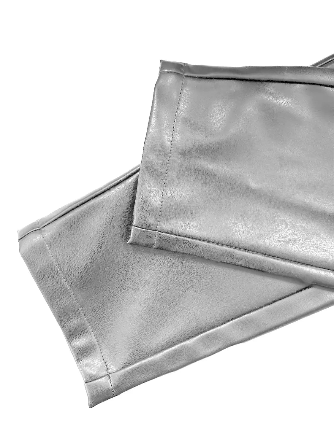 Men’s slim fit metallic and matte faux leather pants featuring silver faux leather leggings with a smooth glossy finish and neat stitching along the seams.