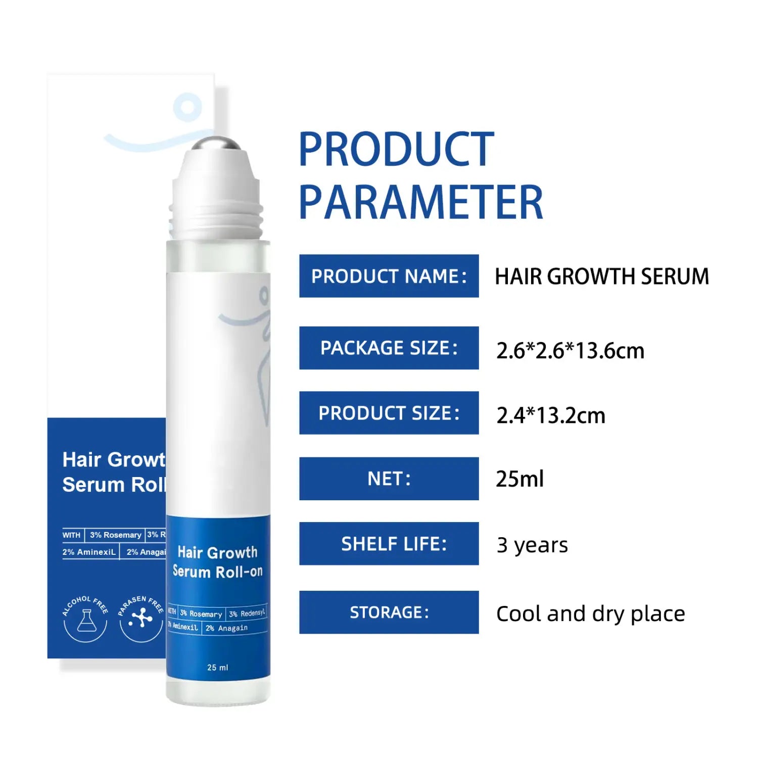 Un flacon-bille de sérum de croissance des cheveux blanc et bleu élégant, à bouchon argenté, conçu pour le cuir chevelu et les cheveux indisciplinés.