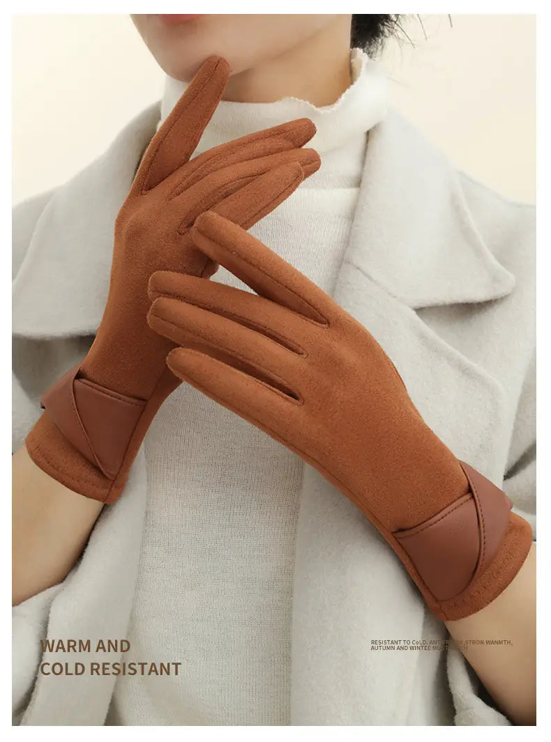 brown suede touchscreen fleece lined bow gloves showing the back side with a sleek minimalist design and reinforced wrist straps