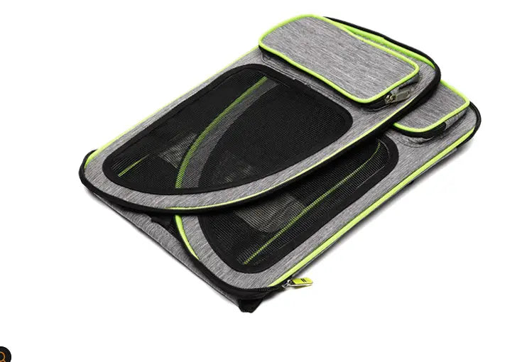 Gray and black breathable mesh pet carrier backpack with neon green zipper accents and mesh material for ventilation.