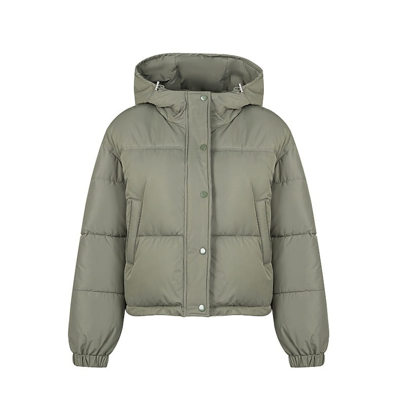 Leichte Kapuzen-Pufferjacke aus Baumwolle in Olivgrün mit Knopfschließung und elastischen Bündchen.