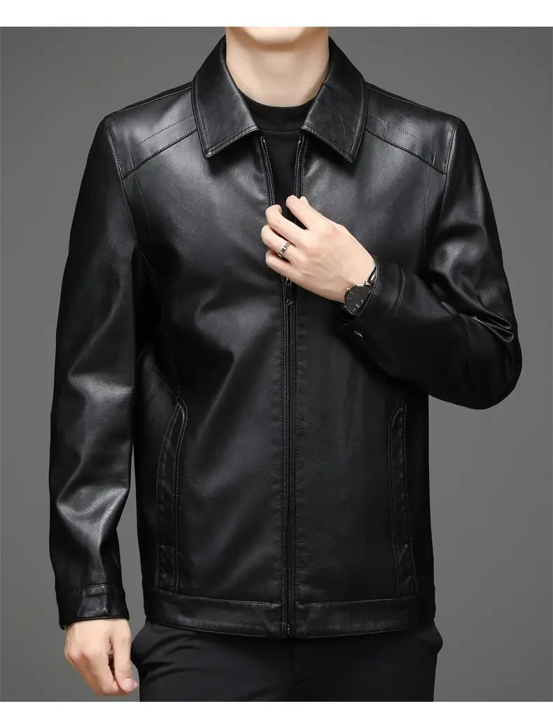 Men’s black faux leather jacket with classic collar and front zipper featuring thin fleece lining for warmth.