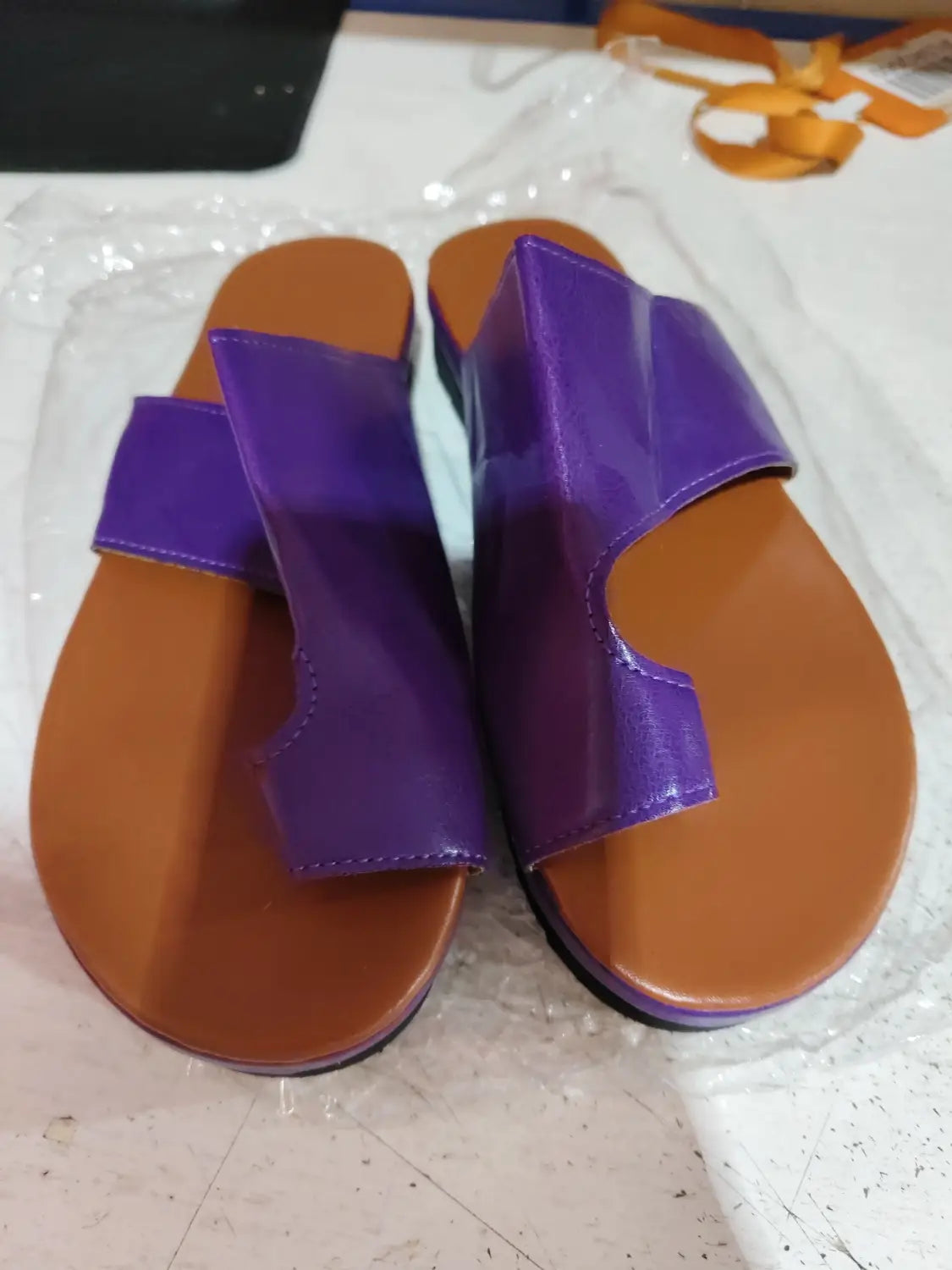 Women flat slide sandals open toe plus size 43 in purple patent leather with brown insole and sole.