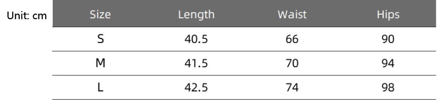 Size chart in centimeters for the retro corduroy mini skirt with matching belt showing measurements for sizes s, m, and l.