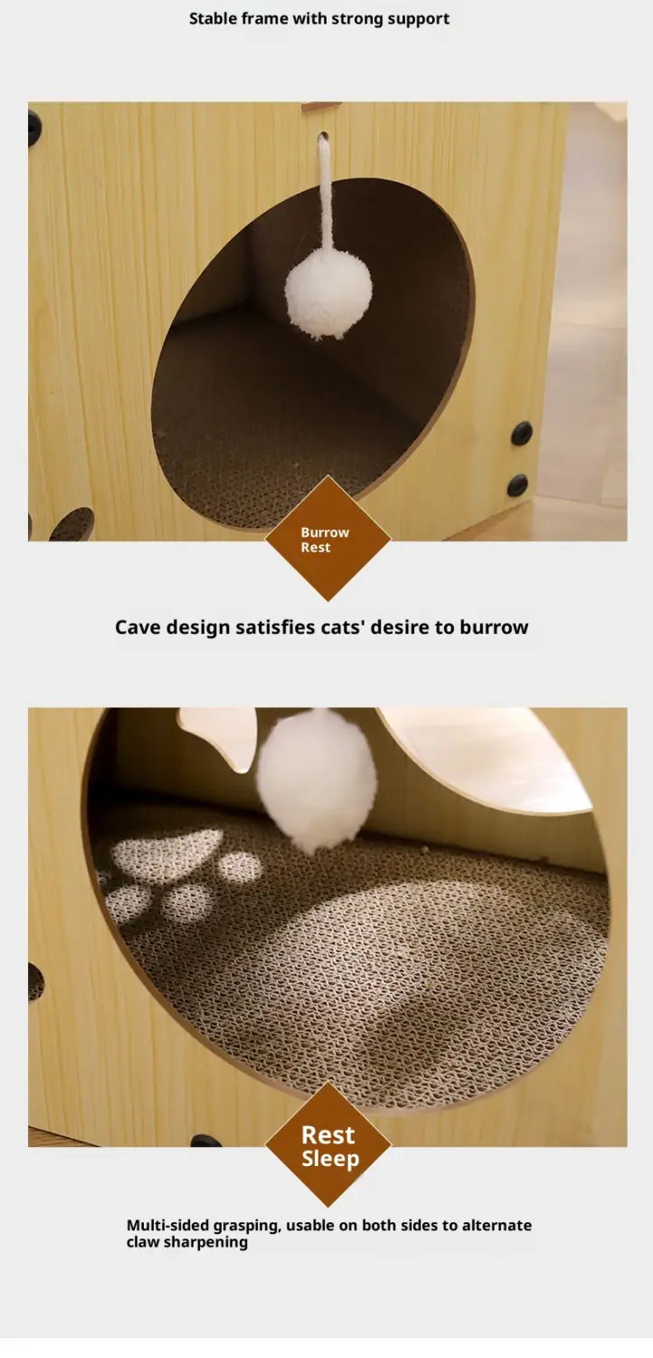 Hellfarbener Holz-Kratzbaumbett für Katzen mit Tunnel und Pompon mit kreisförmigem Eingang sowie einer strukturierten Pappinnenfläche zum Kratzen und Ruhen.