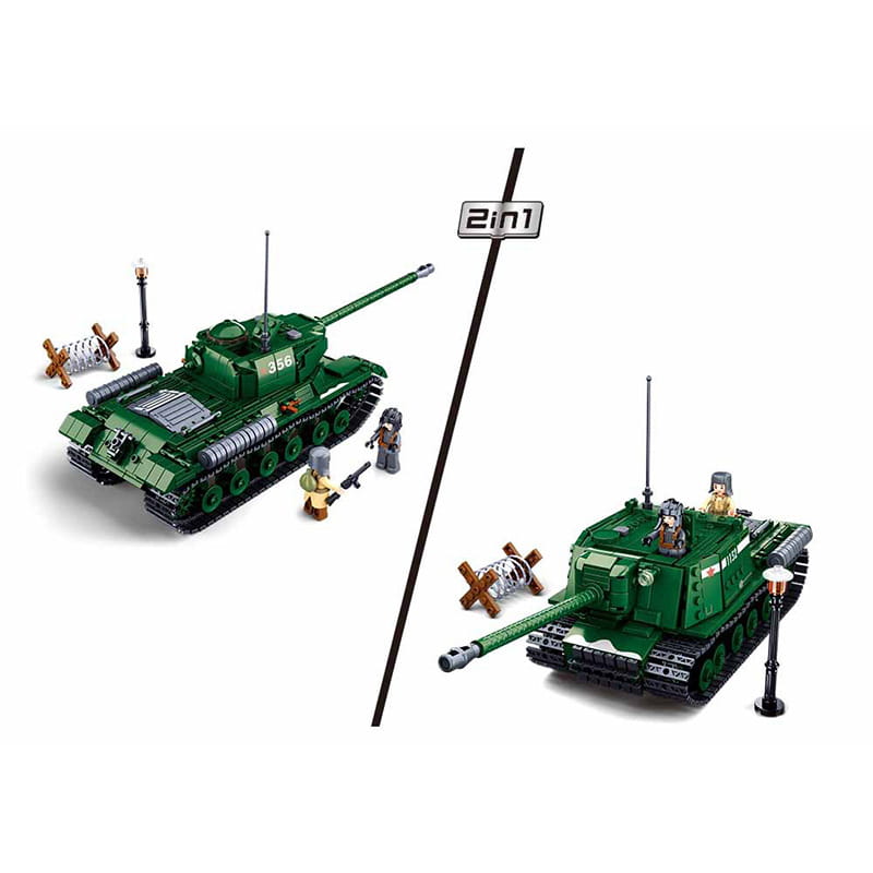 Grünes Kunststoff-Modell eines Militärpanzers als Spielzeug mit 2-in-1-Umwandlungsfunktion für das Spielen als gepanzertes Auto.