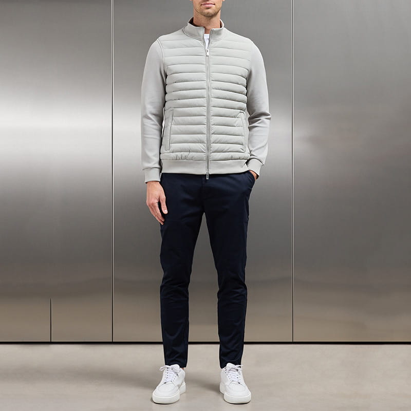 men’s light gray quilted lightweight bomber jacket with a stand collar featuring a full-length zipper and two side pockets