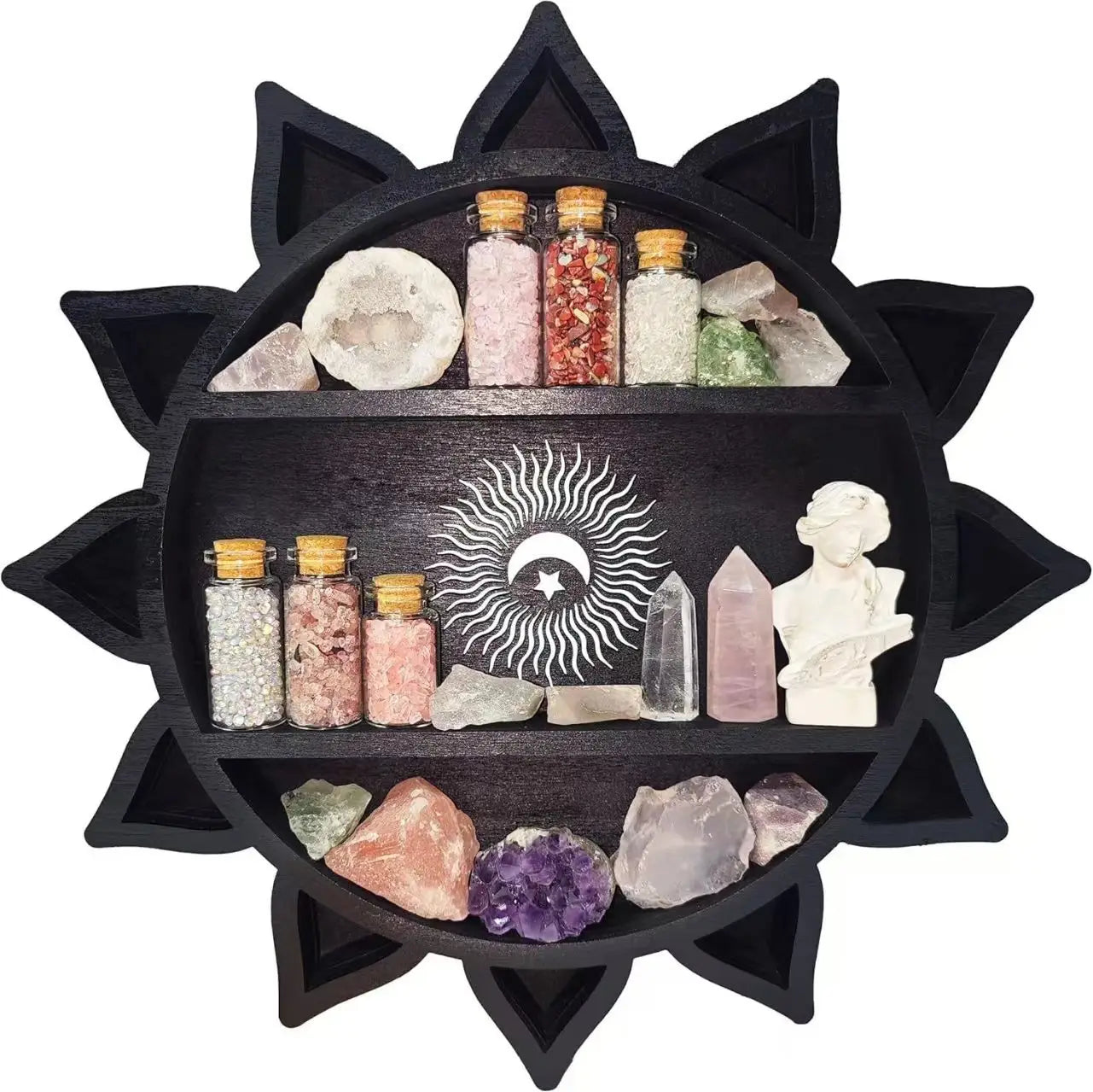 Black sun-shaped wooden floating shelf with three tiers displaying crystals minerals and glass bottles for crystal display and storage.