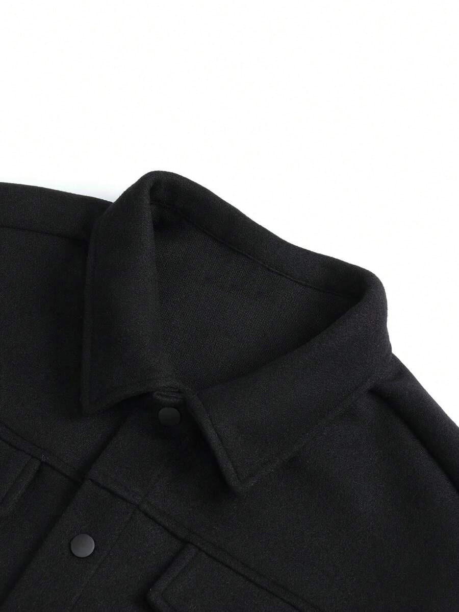 Men’s classic slim fit wool blend lapel jacket featuring a black woolen shirt collar with subtle texture and matching black buttons.